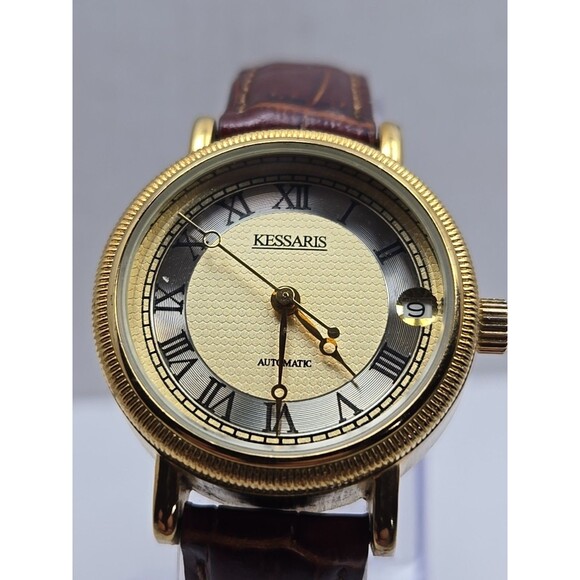 Kessaris Automatic Gold Tone Roman Dial Date Leather 30 MM Exhibition Back Watch - Picture 4 of 14